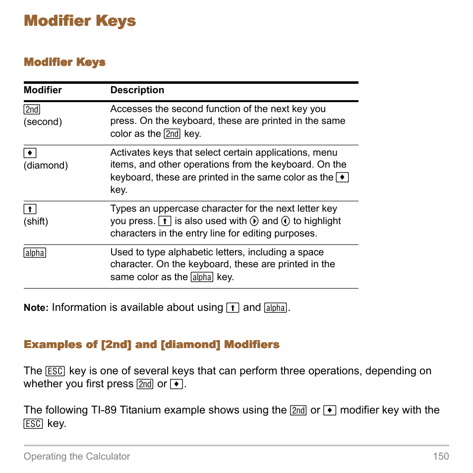 Modifier keys | Texas Instruments TITANIUM TI-89 User Manual | Page 150 / 1008
