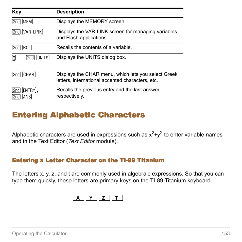 Entering alphabetic characters | Texas Instruments TITANIUM TI-89 User Manual | Page 153 / 1008