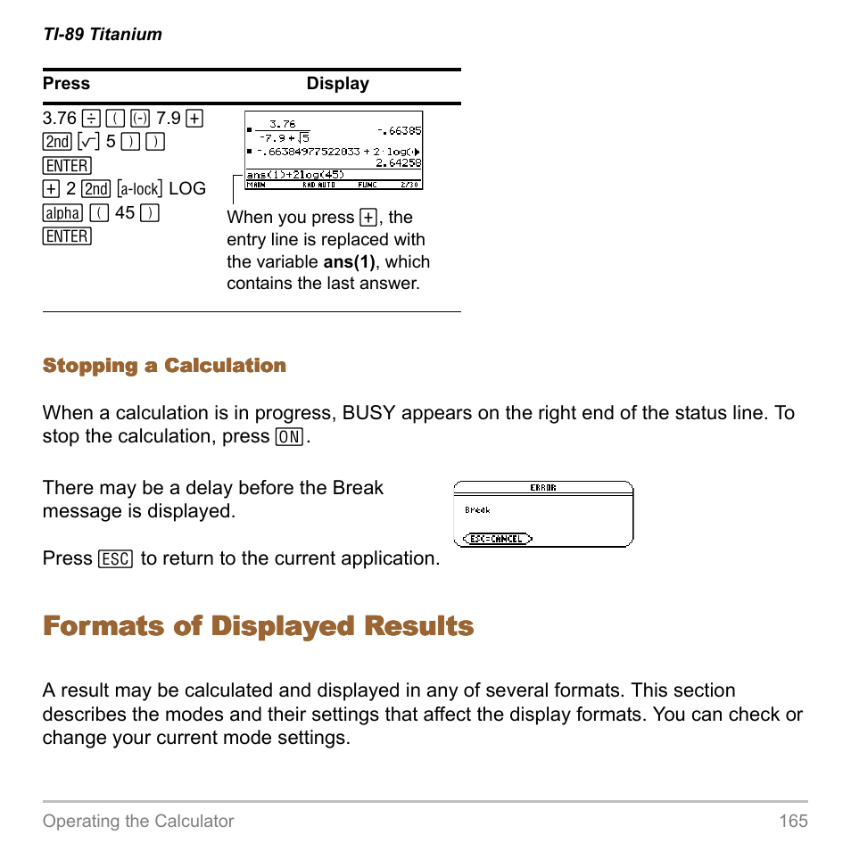 Formats of displayed results | Texas Instruments TITANIUM TI-89 User Manual | Page 165 / 1008