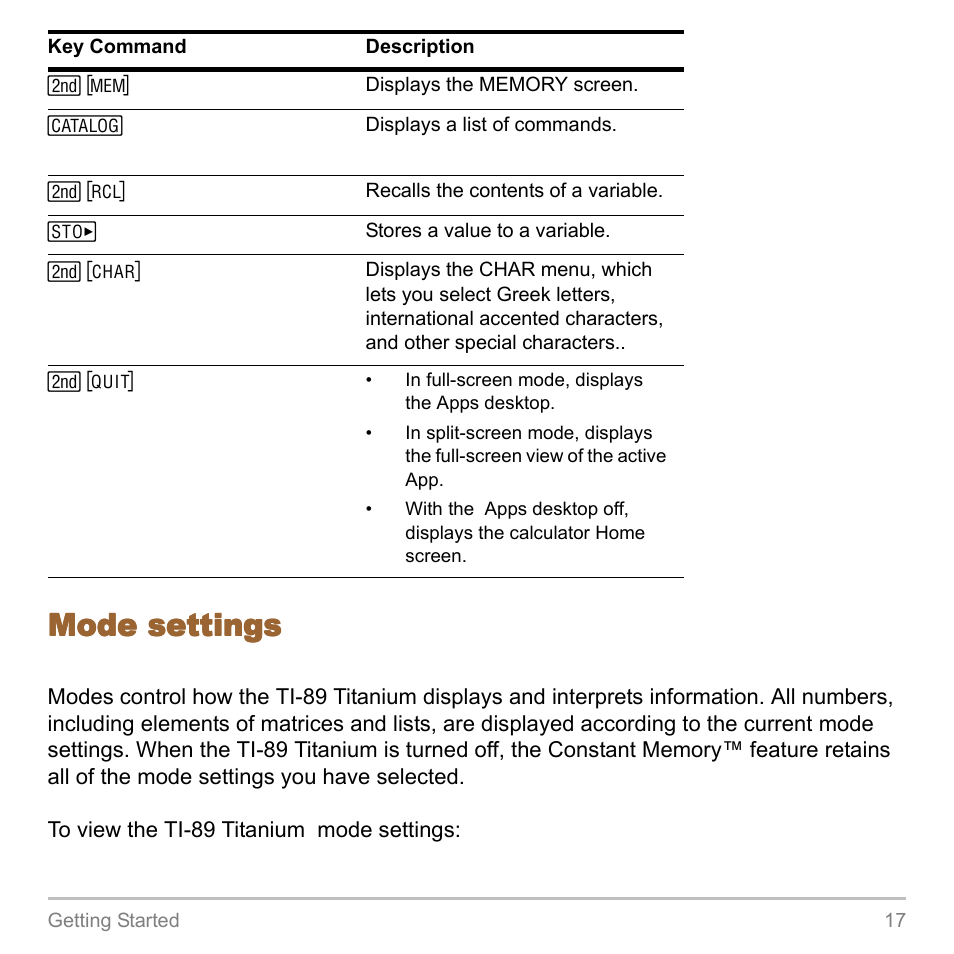 Mode settings | Texas Instruments TITANIUM TI-89 User Manual | Page 17 / 1008