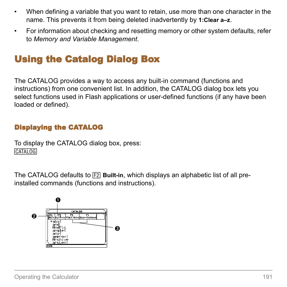 Using the catalog dialog box | Texas Instruments TITANIUM TI-89 User Manual | Page 191 / 1008