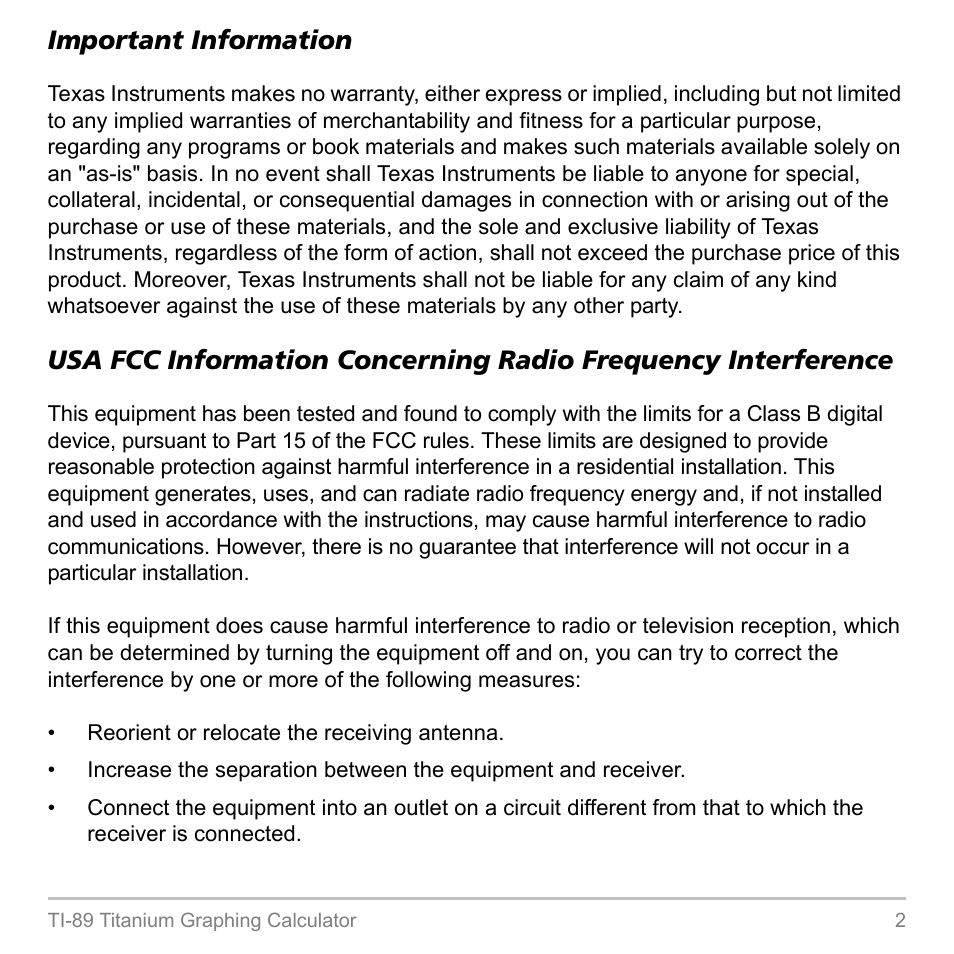 Important information | Texas Instruments TITANIUM TI-89 User Manual | Page 2 / 1008