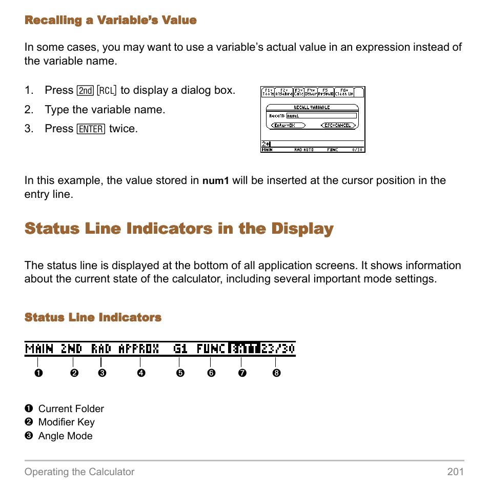 Status line indicators in the display | Texas Instruments TITANIUM TI-89 User Manual | Page 201 / 1008