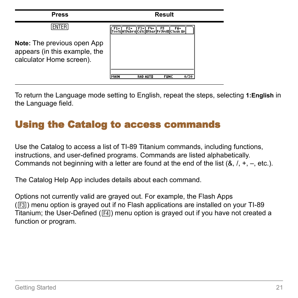 Using the catalog to access commands | Texas Instruments TITANIUM TI-89 User Manual | Page 21 / 1008
