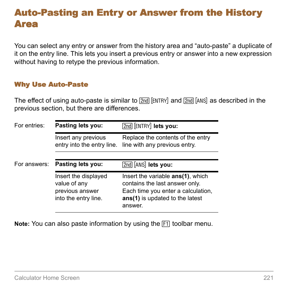 Auto-pasting an entry or answer from the history | Texas Instruments TITANIUM TI-89 User Manual | Page 221 / 1008