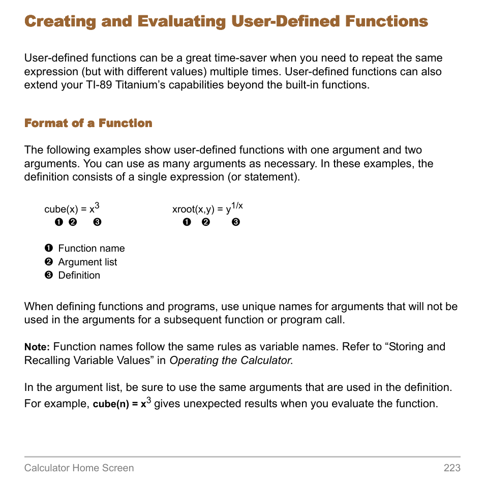Creating and evaluating user-defined functions | Texas Instruments TITANIUM TI-89 User Manual | Page 223 / 1008