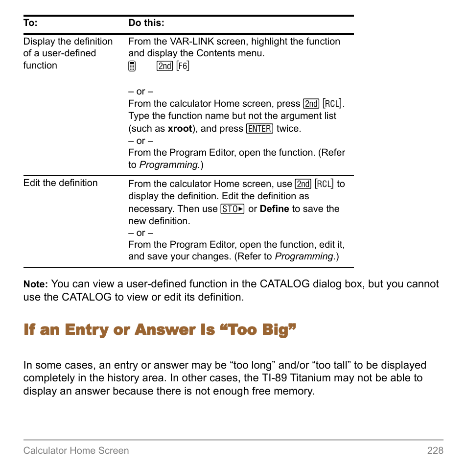If an entry or answer is “too big | Texas Instruments TITANIUM TI-89 User Manual | Page 228 / 1008