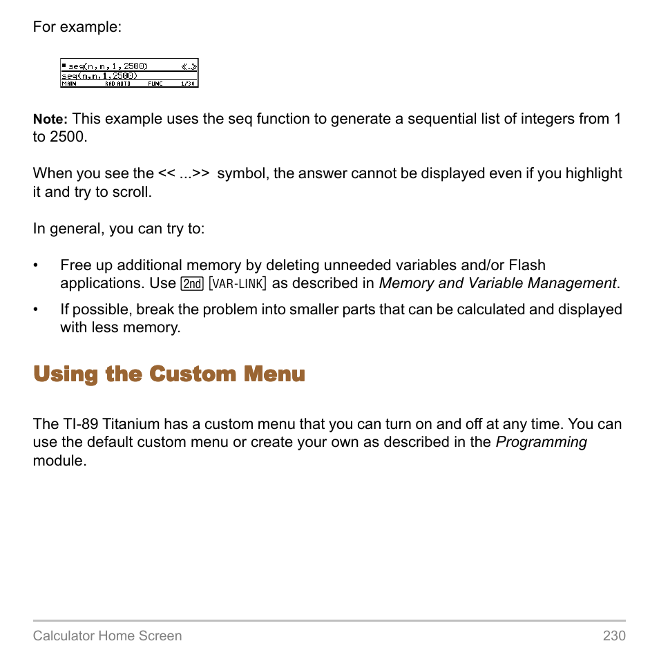 Using the custom menu | Texas Instruments TITANIUM TI-89 User Manual | Page 230 / 1008