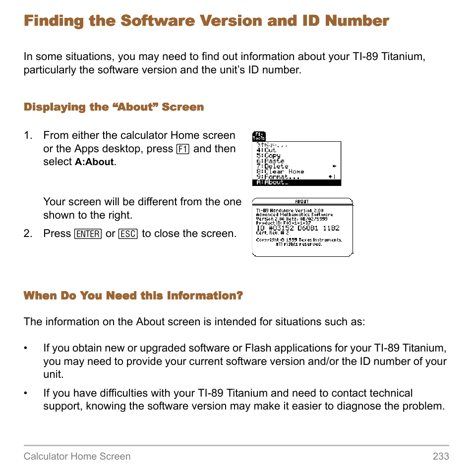 Finding the software version and id number | Texas Instruments TITANIUM TI-89 User Manual | Page 233 / 1008
