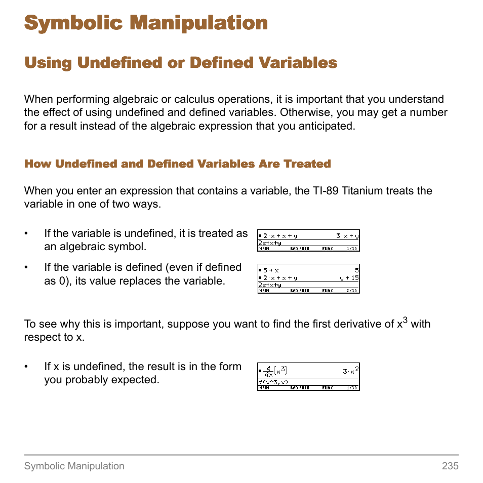 Symbolic manipulation, Using undefined or defined variables | Texas Instruments TITANIUM TI-89 User Manual | Page 235 / 1008
