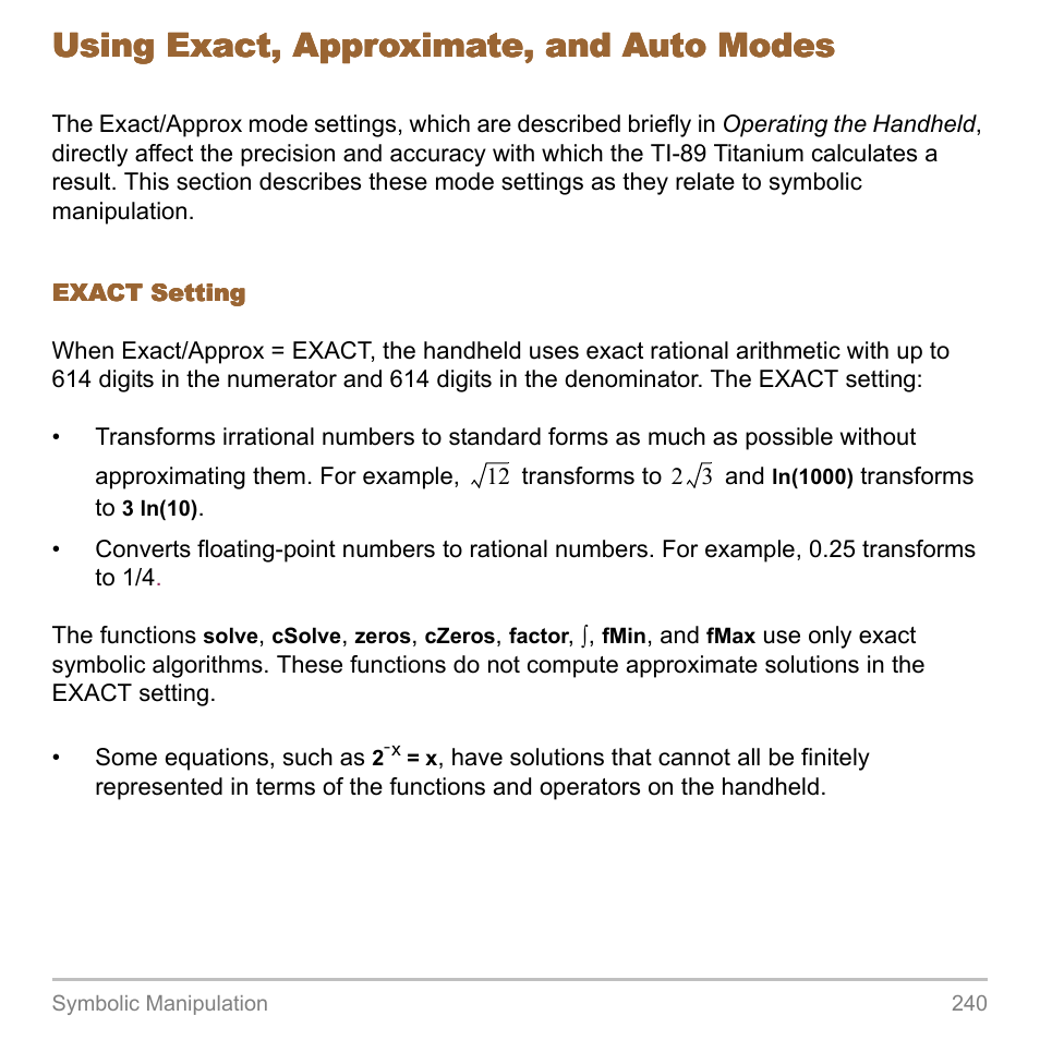 Using exact, approximate, and auto modes | Texas Instruments TITANIUM TI-89 User Manual | Page 240 / 1008