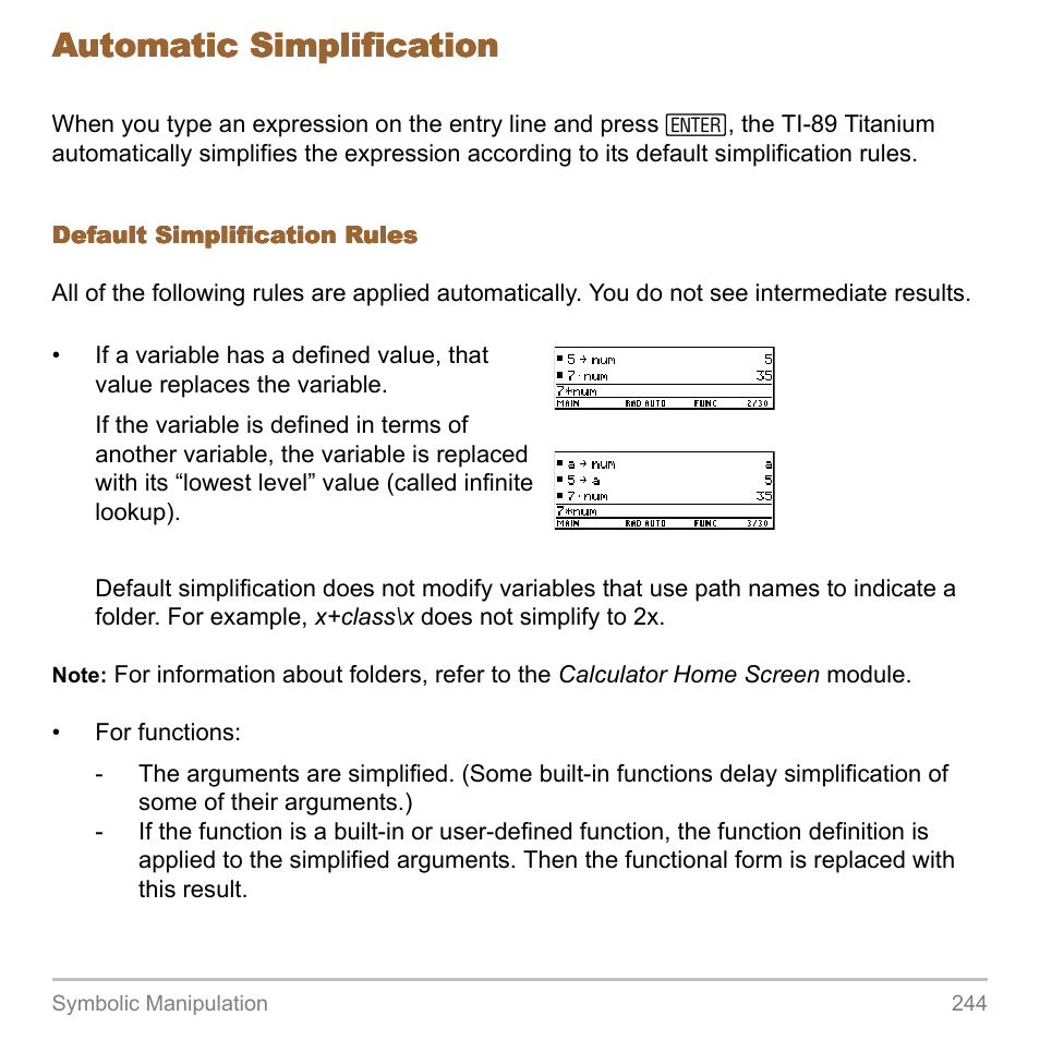 Automatic simplification | Texas Instruments TITANIUM TI-89 User Manual | Page 244 / 1008