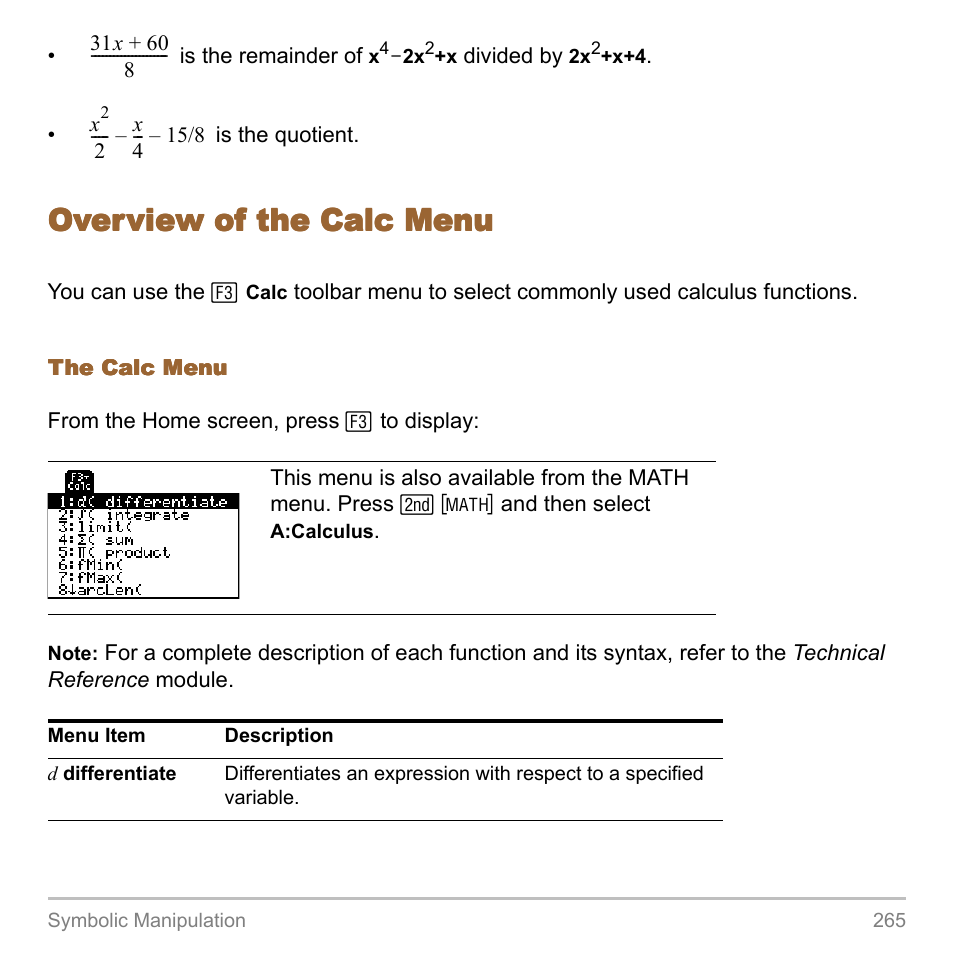 Overview of the calc menu | Texas Instruments TITANIUM TI-89 User Manual | Page 265 / 1008