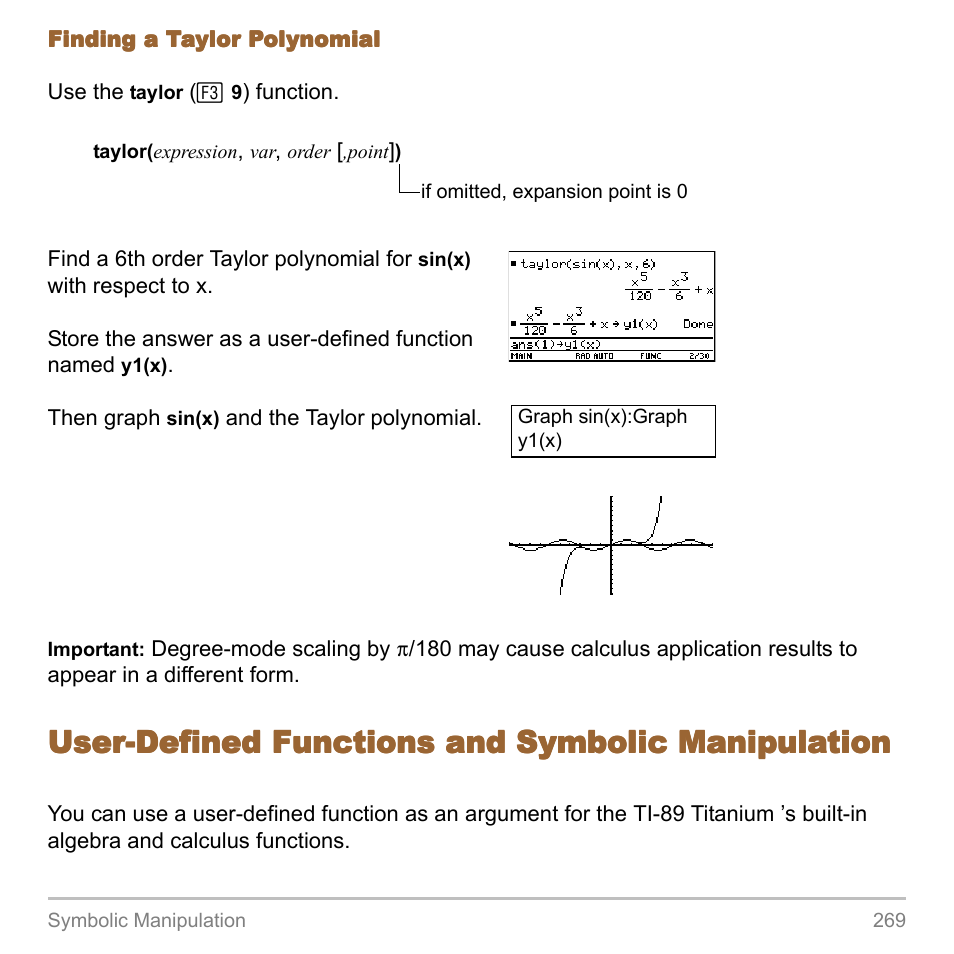 User-defined functions and symbolic manipulation | Texas Instruments TITANIUM TI-89 User Manual | Page 269 / 1008