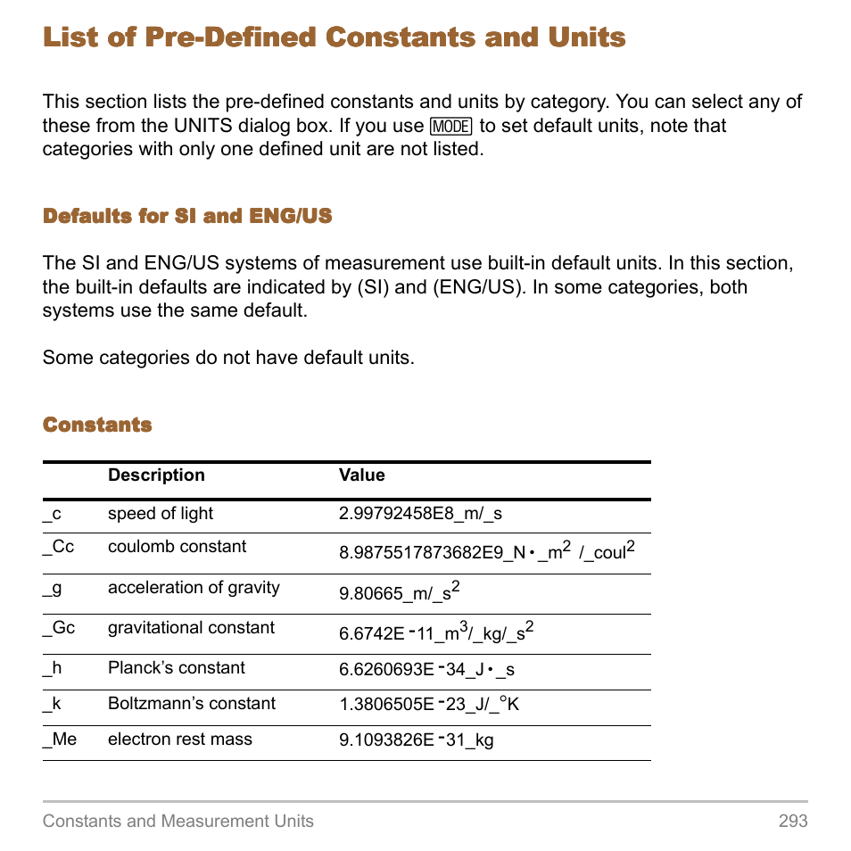 List of pre-defined constants and units | Texas Instruments TITANIUM TI-89 User Manual | Page 293 / 1008