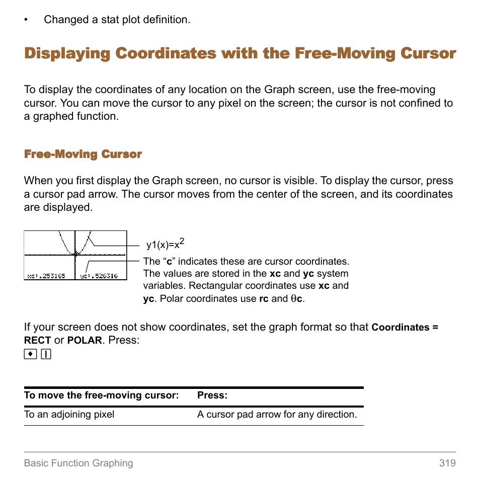 Displaying coordinates with the free-moving cursor | Texas Instruments TITANIUM TI-89 User Manual | Page 319 / 1008