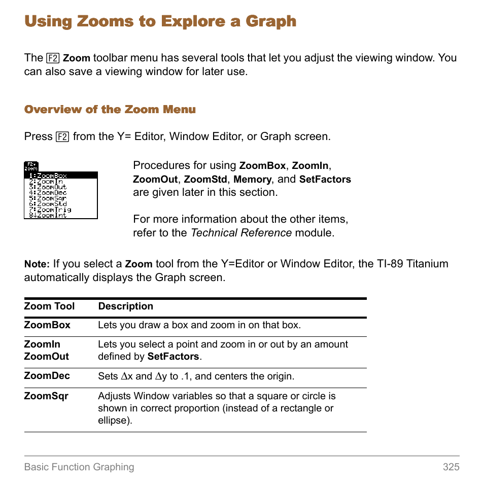 Using zooms to explore a graph | Texas Instruments TITANIUM TI-89 User Manual | Page 325 / 1008
