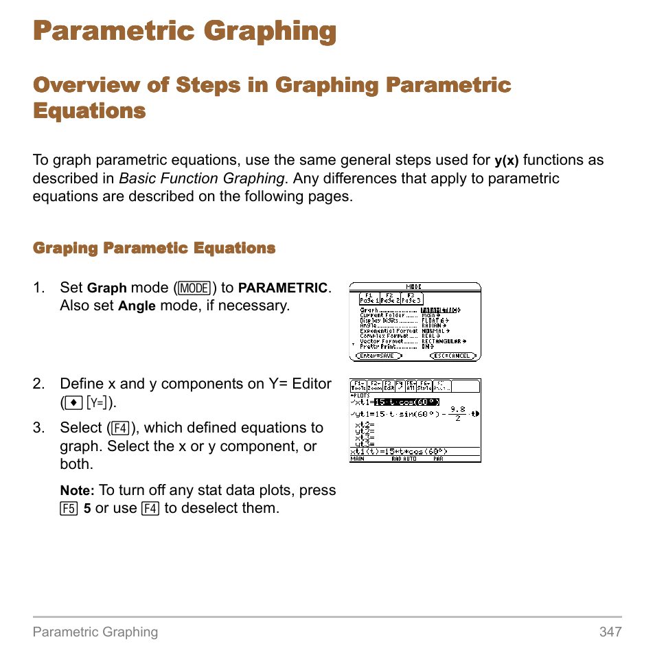 Parametric graphing, Overview of steps in graphing parametric equations, Overview of steps in graphing parametric | Texas Instruments TITANIUM TI-89 User Manual | Page 347 / 1008