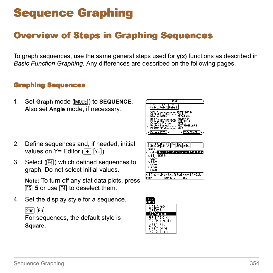 Sequence graphing, Overview of steps in graphing sequences | Texas Instruments TITANIUM TI-89 User Manual | Page 354 / 1008