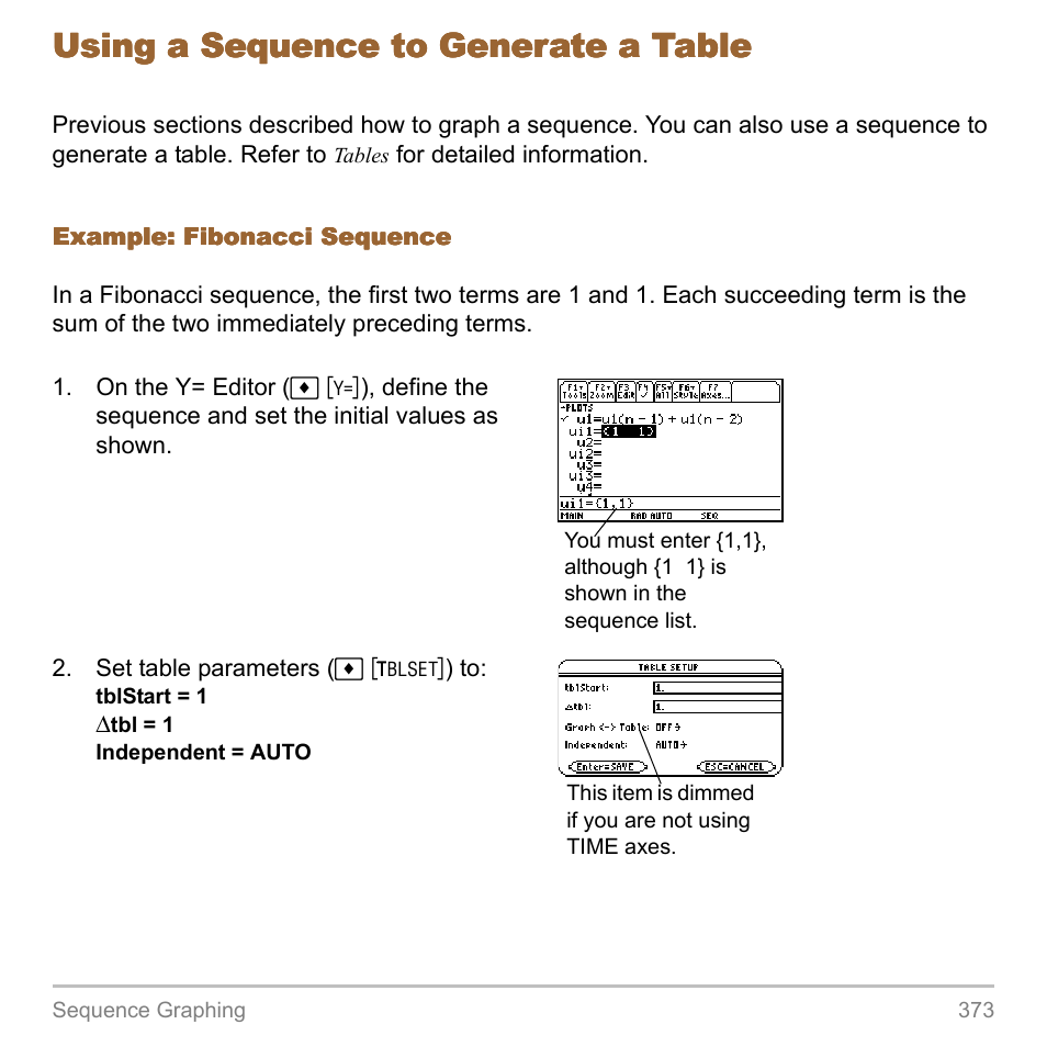 Using a sequence to generate a table | Texas Instruments TITANIUM TI-89 User Manual | Page 373 / 1008