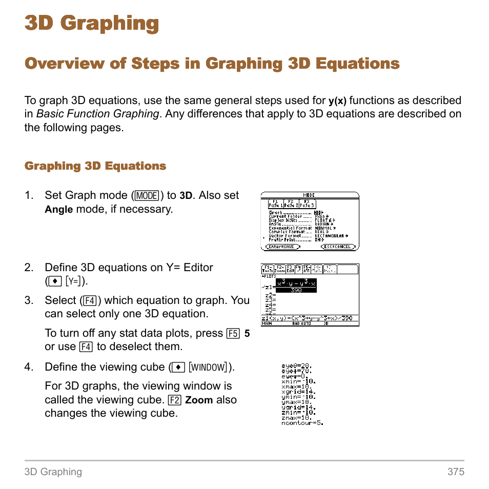 3d graphing, Overview of steps in graphing 3d equations | Texas Instruments TITANIUM TI-89 User Manual | Page 375 / 1008