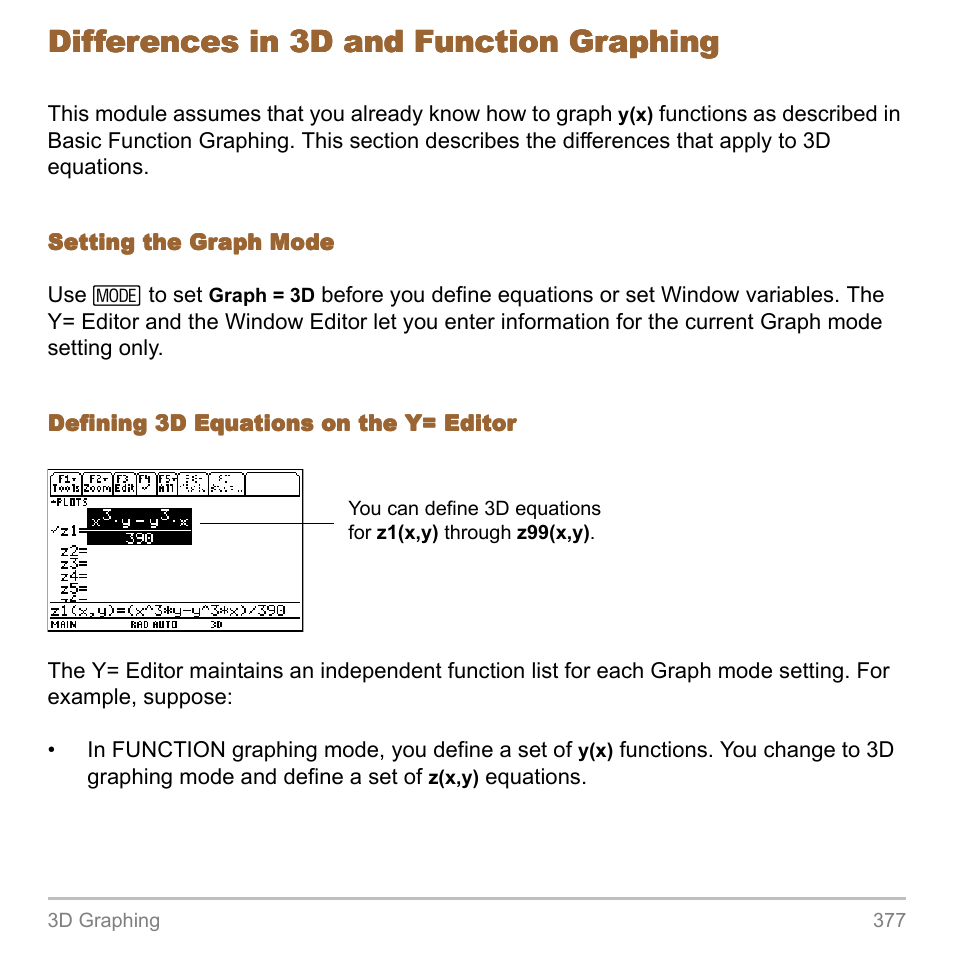 Differences in 3d and function graphing | Texas Instruments TITANIUM TI-89 User Manual | Page 377 / 1008