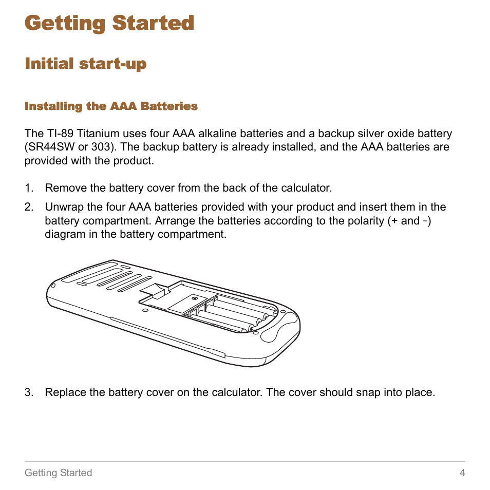 Getting started, Initial start-up | Texas Instruments TITANIUM TI-89 User Manual | Page 4 / 1008
