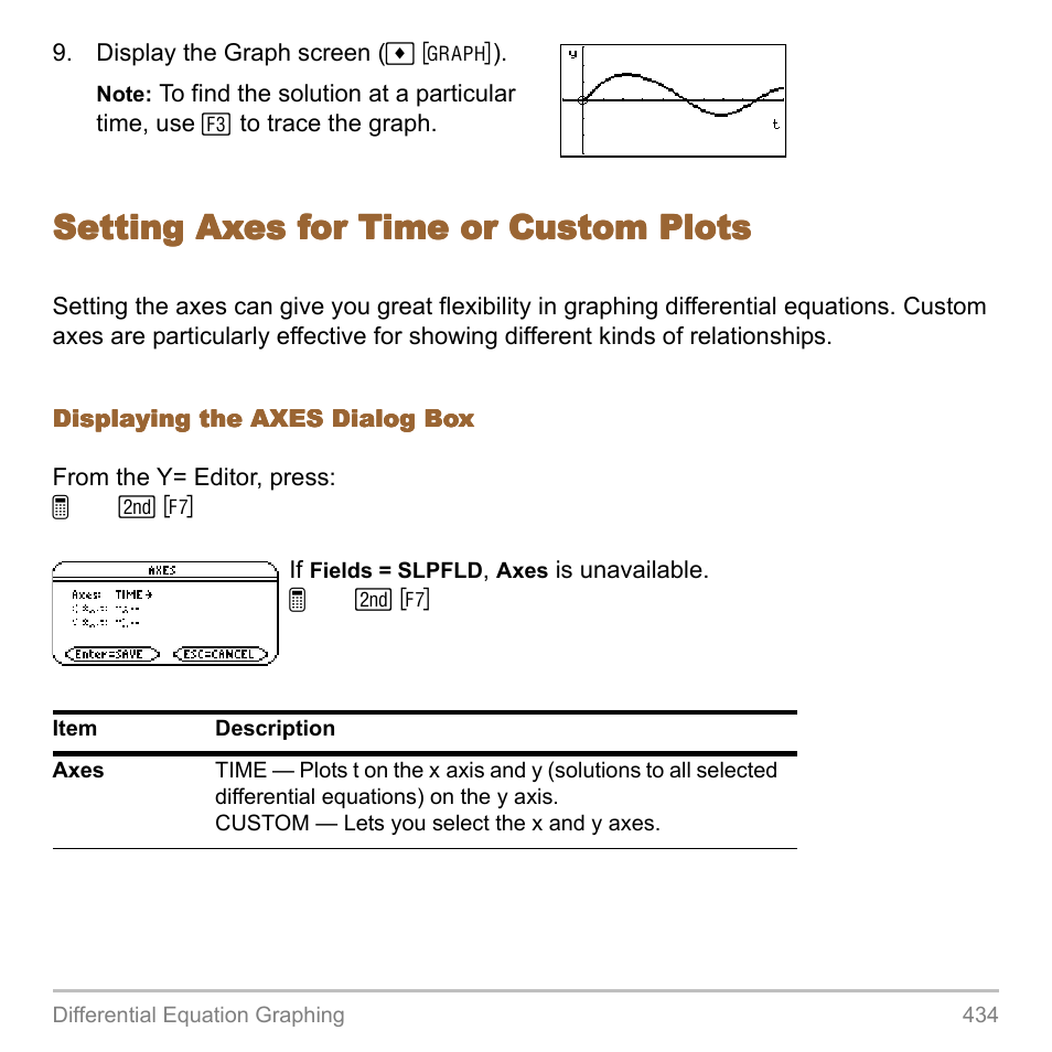 Setting axes for time or custom plots | Texas Instruments TITANIUM TI-89 User Manual | Page 434 / 1008