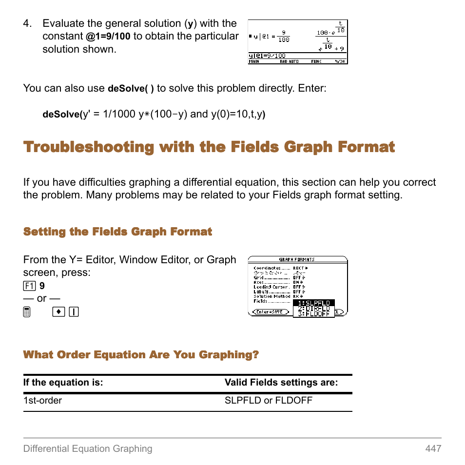 Troubleshooting with the fields graph format | Texas Instruments TITANIUM TI-89 User Manual | Page 447 / 1008