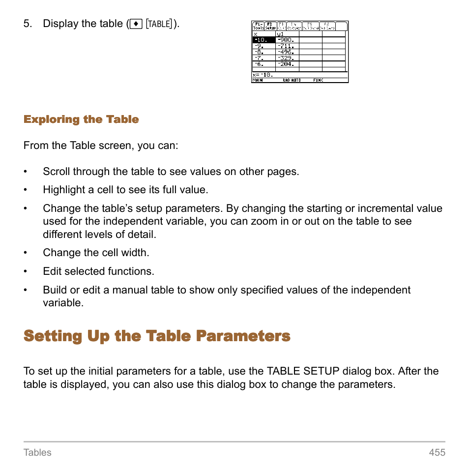 Setting up the table parameters | Texas Instruments TITANIUM TI-89 User Manual | Page 455 / 1008