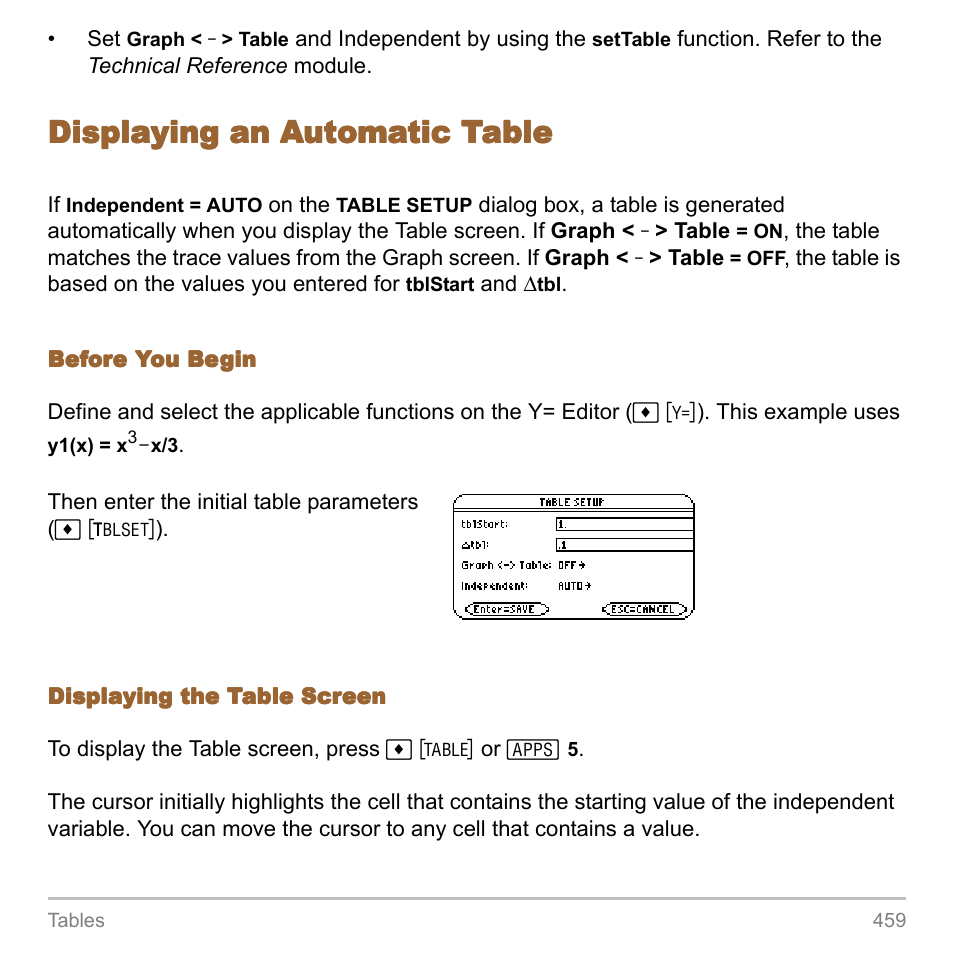 Displaying an automatic table | Texas Instruments TITANIUM TI-89 User Manual | Page 459 / 1008