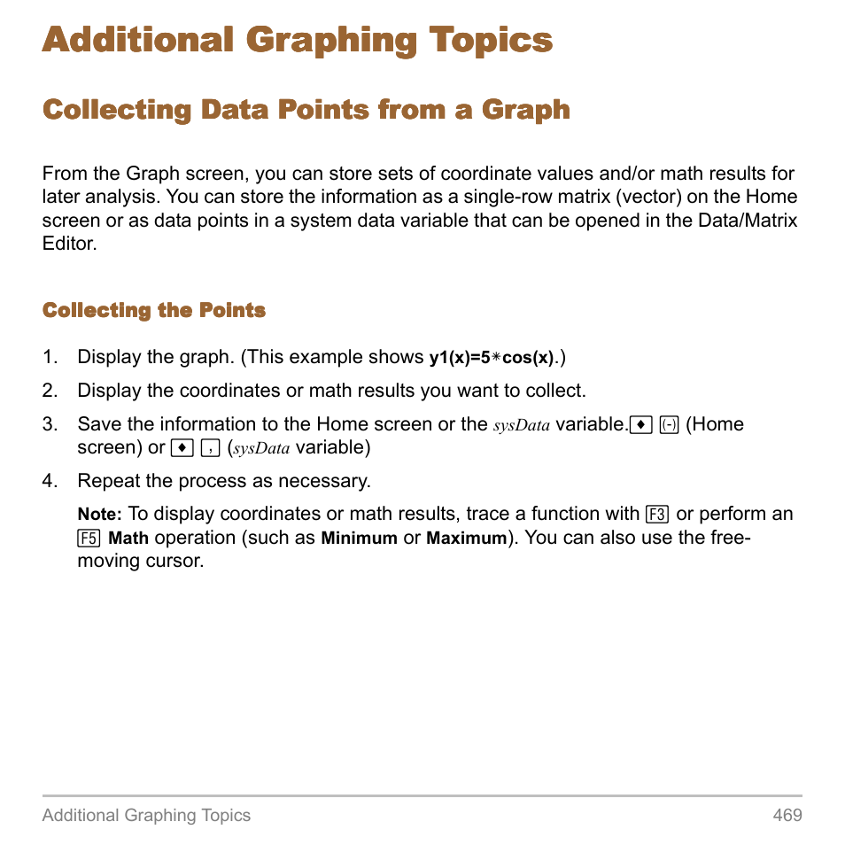 Additional graphing topics, Collecting data points from a graph | Texas Instruments TITANIUM TI-89 User Manual | Page 469 / 1008