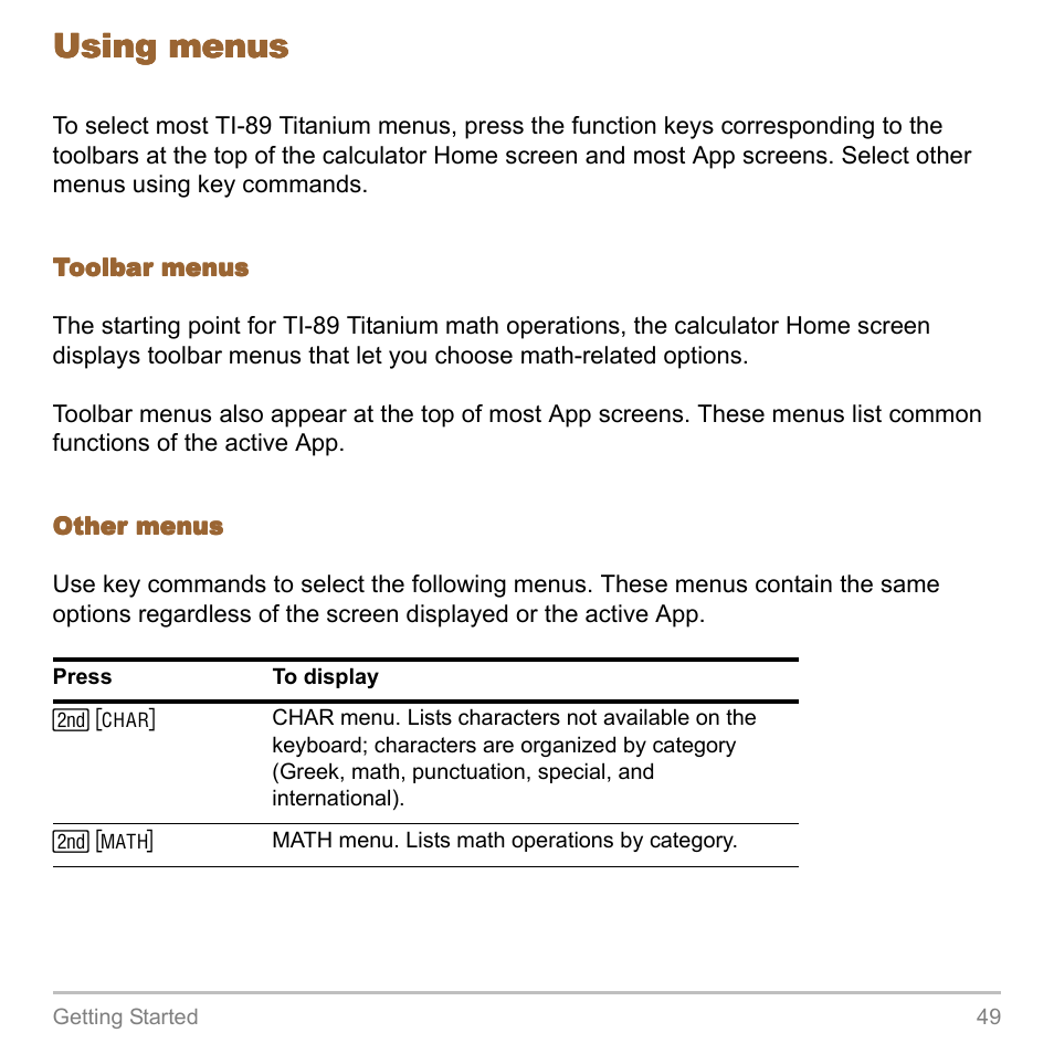 Using menus | Texas Instruments TITANIUM TI-89 User Manual | Page 49 / 1008