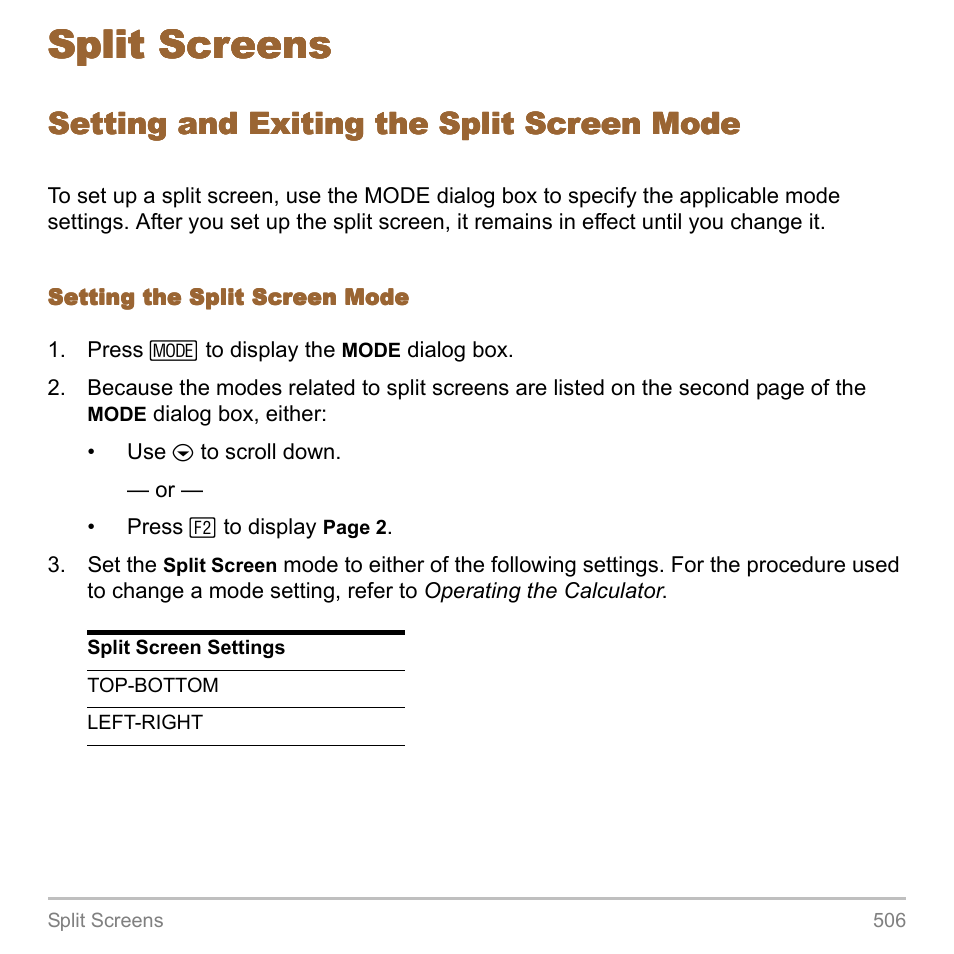 Split screens, Setting and exiting the split screen mode | Texas Instruments TITANIUM TI-89 User Manual | Page 506 / 1008