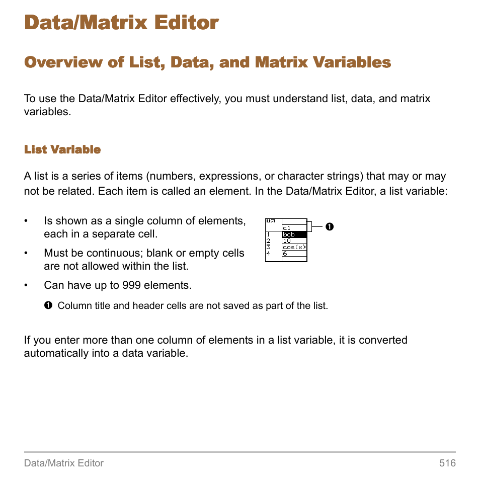 Data/matrix editor, Overview of list, data, and matrix variables | Texas Instruments TITANIUM TI-89 User Manual | Page 516 / 1008