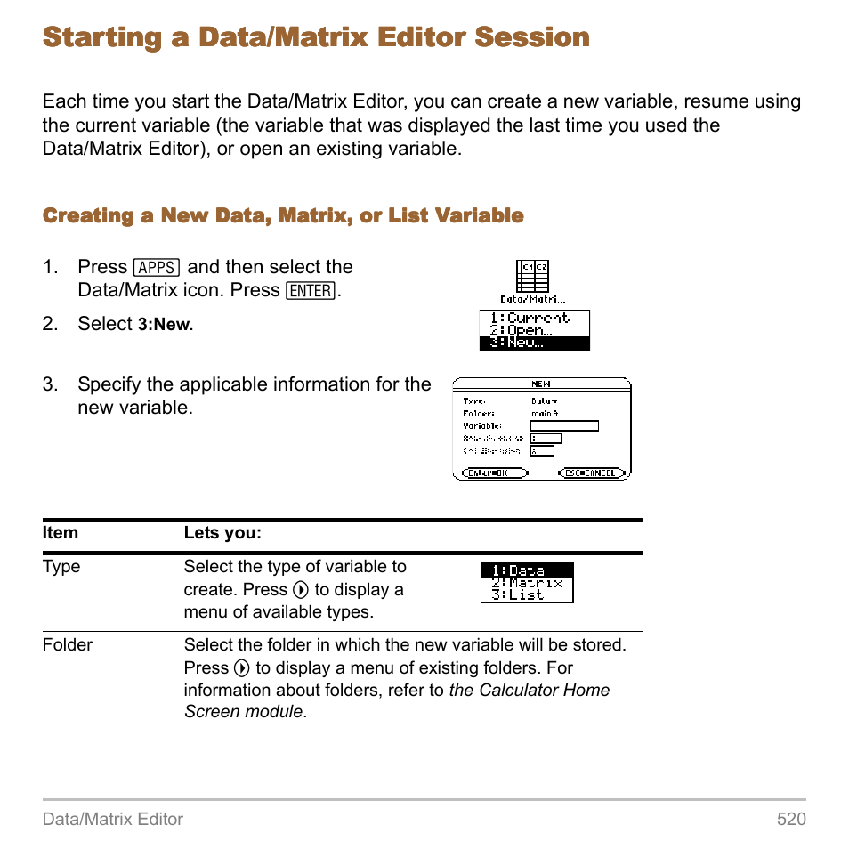 Starting a data/matrix editor session | Texas Instruments TITANIUM TI-89 User Manual | Page 520 / 1008