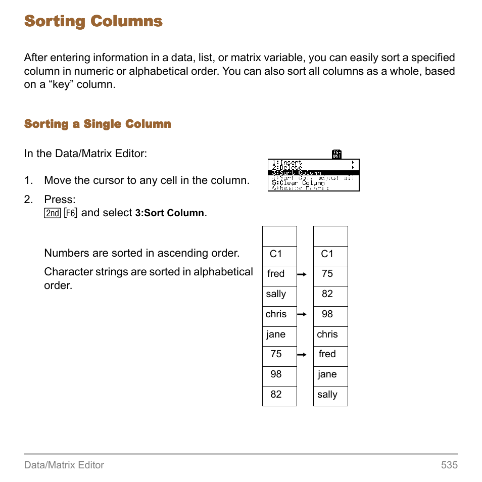 Sorting columns | Texas Instruments TITANIUM TI-89 User Manual | Page 535 / 1008