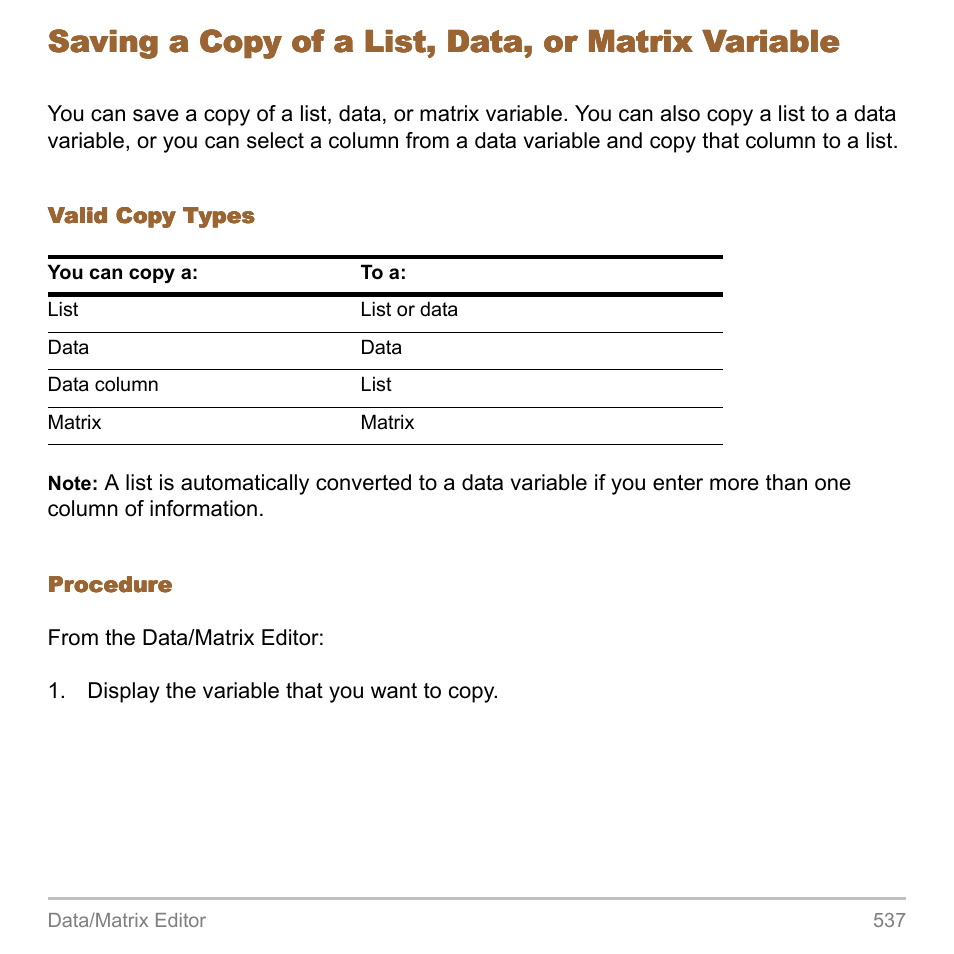 Saving a copy of a list, data, or matrix variable | Texas Instruments TITANIUM TI-89 User Manual | Page 537 / 1008