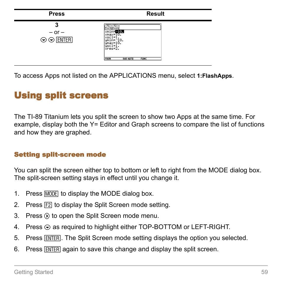 Using split screens | Texas Instruments TITANIUM TI-89 User Manual | Page 59 / 1008