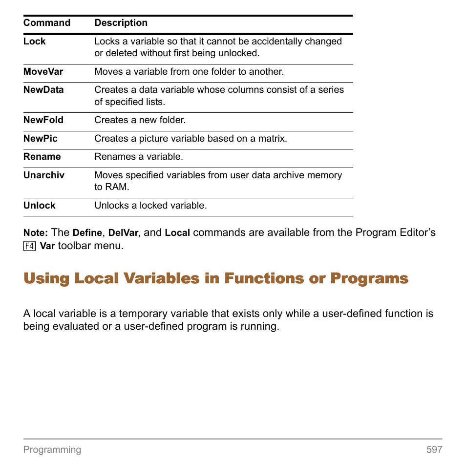 Using local variables in functions or programs | Texas Instruments TITANIUM TI-89 User Manual | Page 597 / 1008