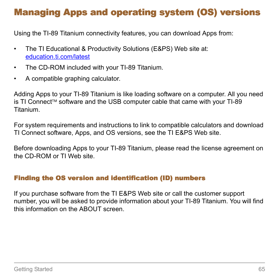 Managing apps and operating system (os) versions | Texas Instruments TITANIUM TI-89 User Manual | Page 65 / 1008