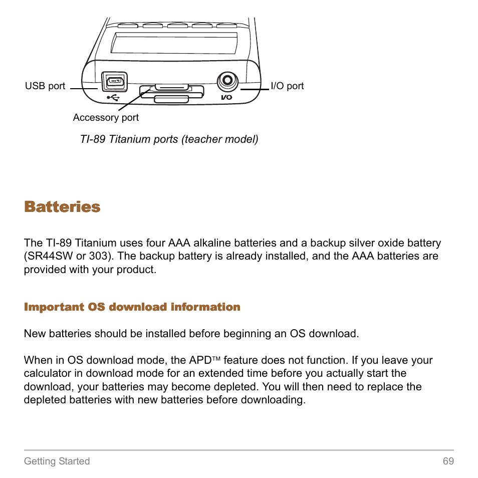 Batteries | Texas Instruments TITANIUM TI-89 User Manual | Page 69 / 1008