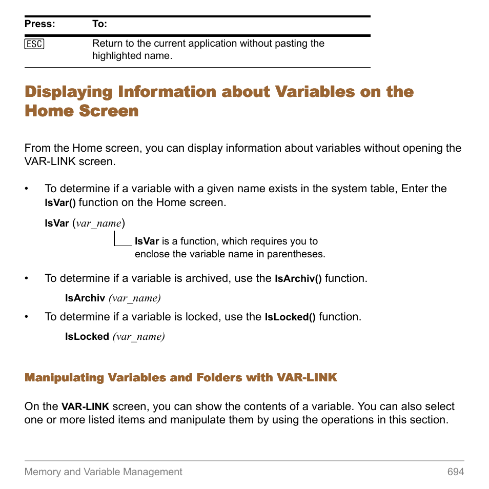 Displaying information about variables on the | Texas Instruments TITANIUM TI-89 User Manual | Page 694 / 1008