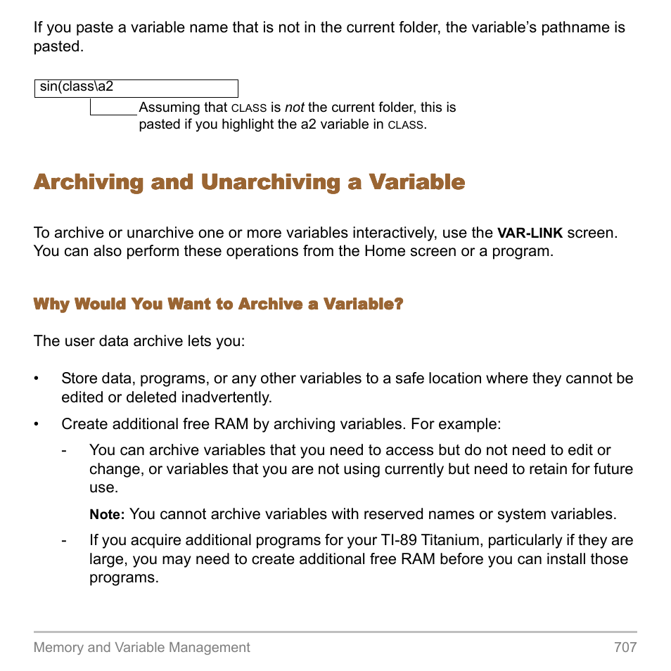 Archiving and unarchiving a variable | Texas Instruments TITANIUM TI-89 User Manual | Page 707 / 1008