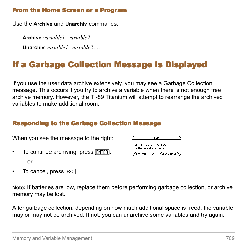 If a garbage collection message is displayed | Texas Instruments TITANIUM TI-89 User Manual | Page 709 / 1008