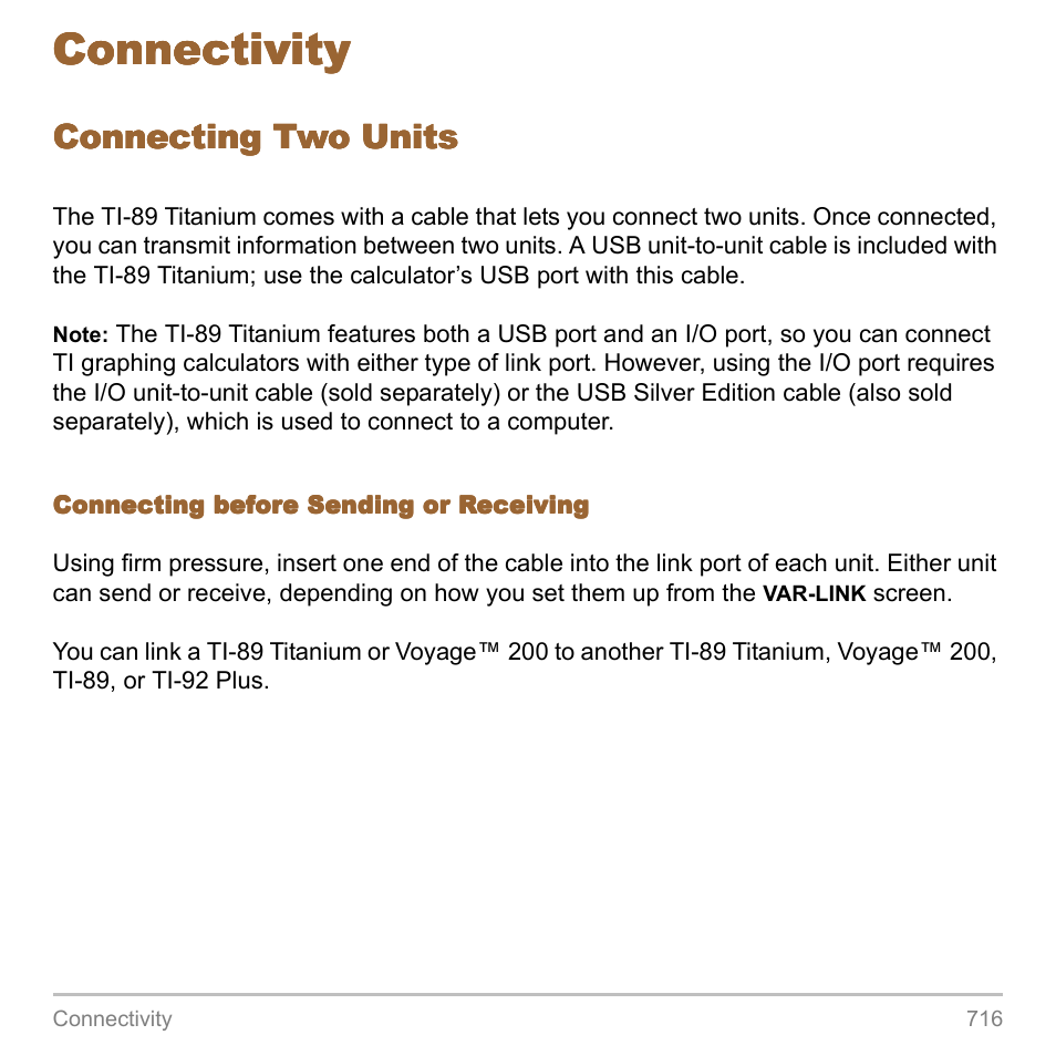 Connectivity, Connecting two units | Texas Instruments TITANIUM TI-89 User Manual | Page 716 / 1008