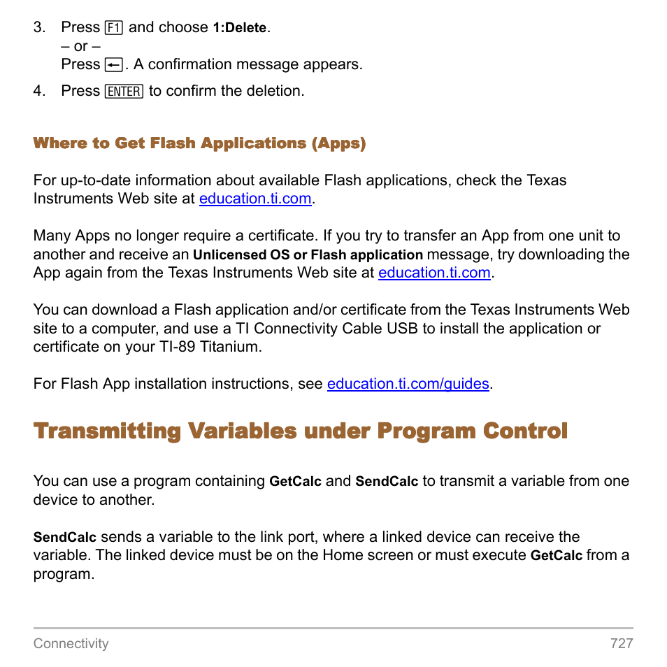 Transmitting variables under program control | Texas Instruments TITANIUM TI-89 User Manual | Page 727 / 1008