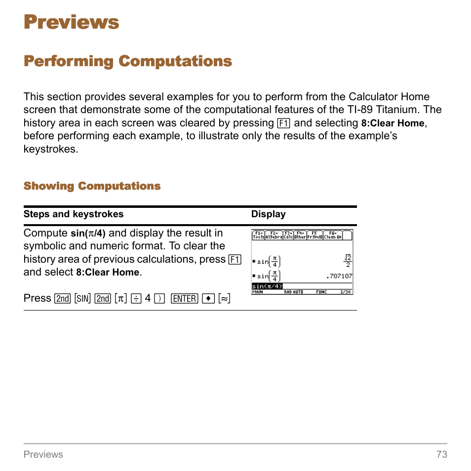 Previews, Performing computations | Texas Instruments TITANIUM TI-89 User Manual | Page 73 / 1008