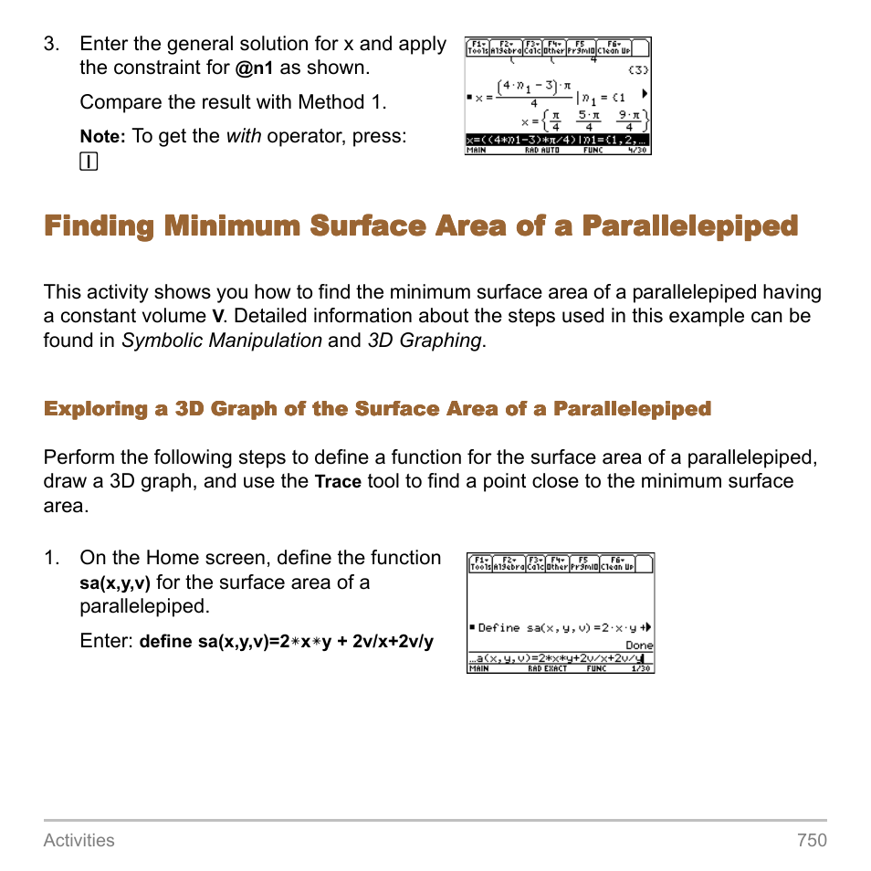 Finding minimum surface area of a parallelepiped | Texas Instruments TITANIUM TI-89 User Manual | Page 750 / 1008