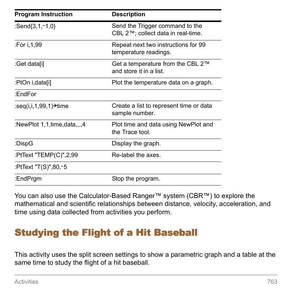 Studying the flight of a hit baseball | Texas Instruments TITANIUM TI-89 User Manual | Page 763 / 1008